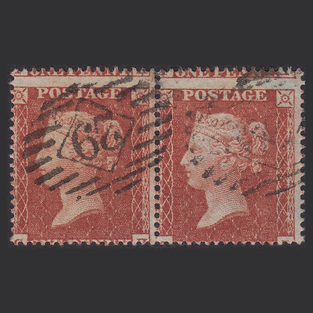 GB QV 1855 1d (Plate 2) SG21-C4(1) GH-GI FU Pair London IS 29 Large Misperf