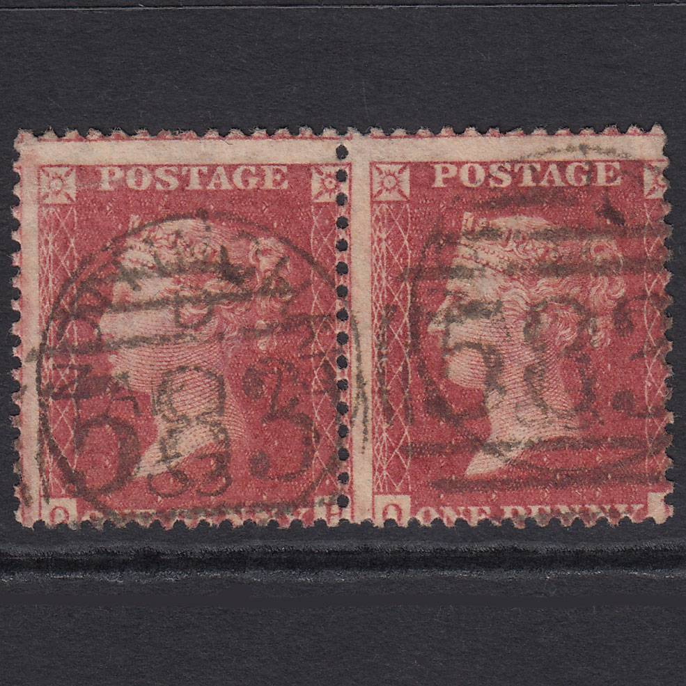 GB QV 1857 1d Rose-red SG40-C10(1) QH-QI GU Pair Nottingham 583 Misperf