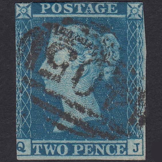 GB QV 1841 2d Blue Plate 4 SG14-E1(2) QJ FU Ipswich 405
