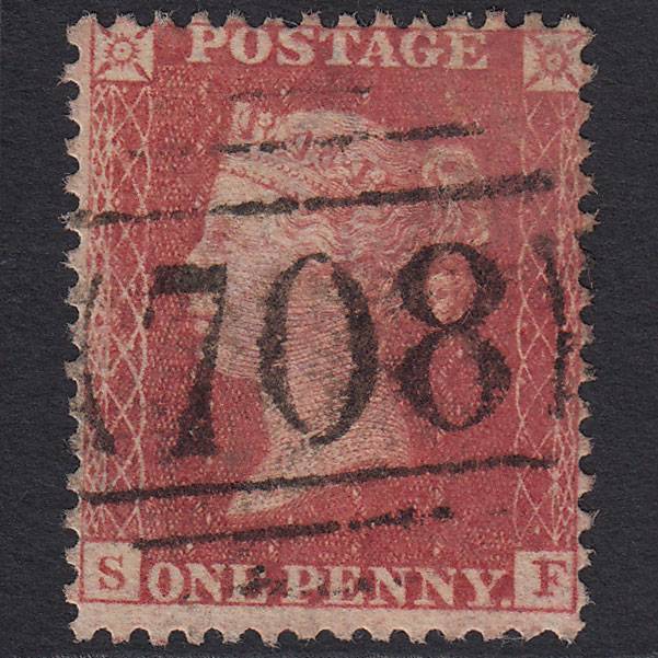 GB QV 1857 1d Rose-red (Plate 55) SG40-C10(1) SF FU Shrewsbury 708