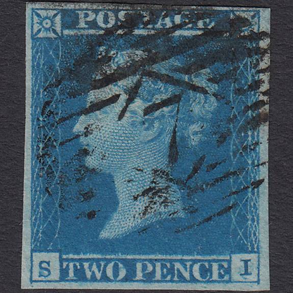 GB QV 1841 2d Blue (Plate 3) SG14-E1(2) SI VFU 4 Margins London IS 7
