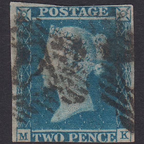 GB QV 1841 2d Blue Plate 3 SG14-E1(2) MK GU 3 Margins London IS Cancel