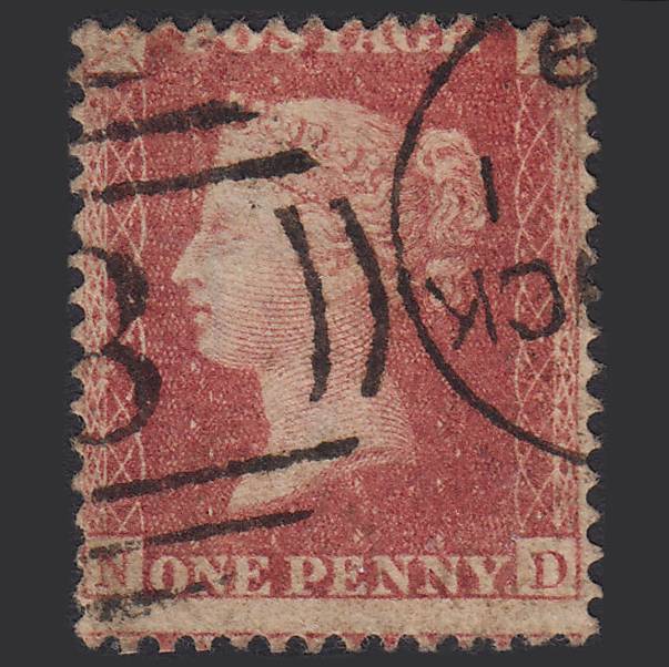 GB QV 1857 1d Rose-red (Plate 43) SG40-C10(1) ND FU Alnwick 8 Misperf