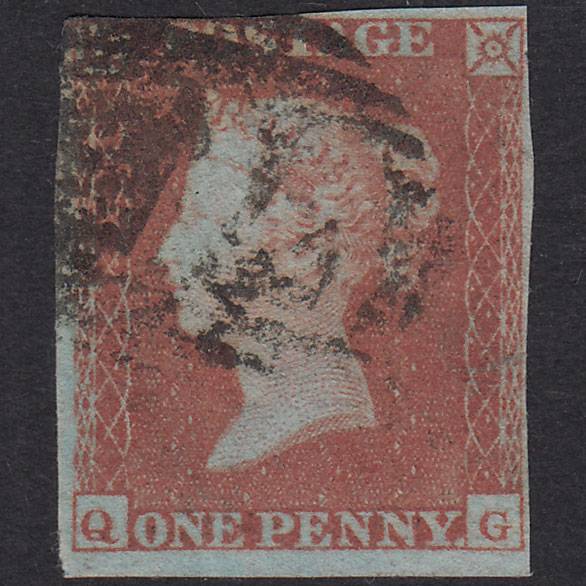 GB QV 1841 1d Red-Brown Plate 165 SG8-B2(1) QG-QH GU Nr 4 Margins