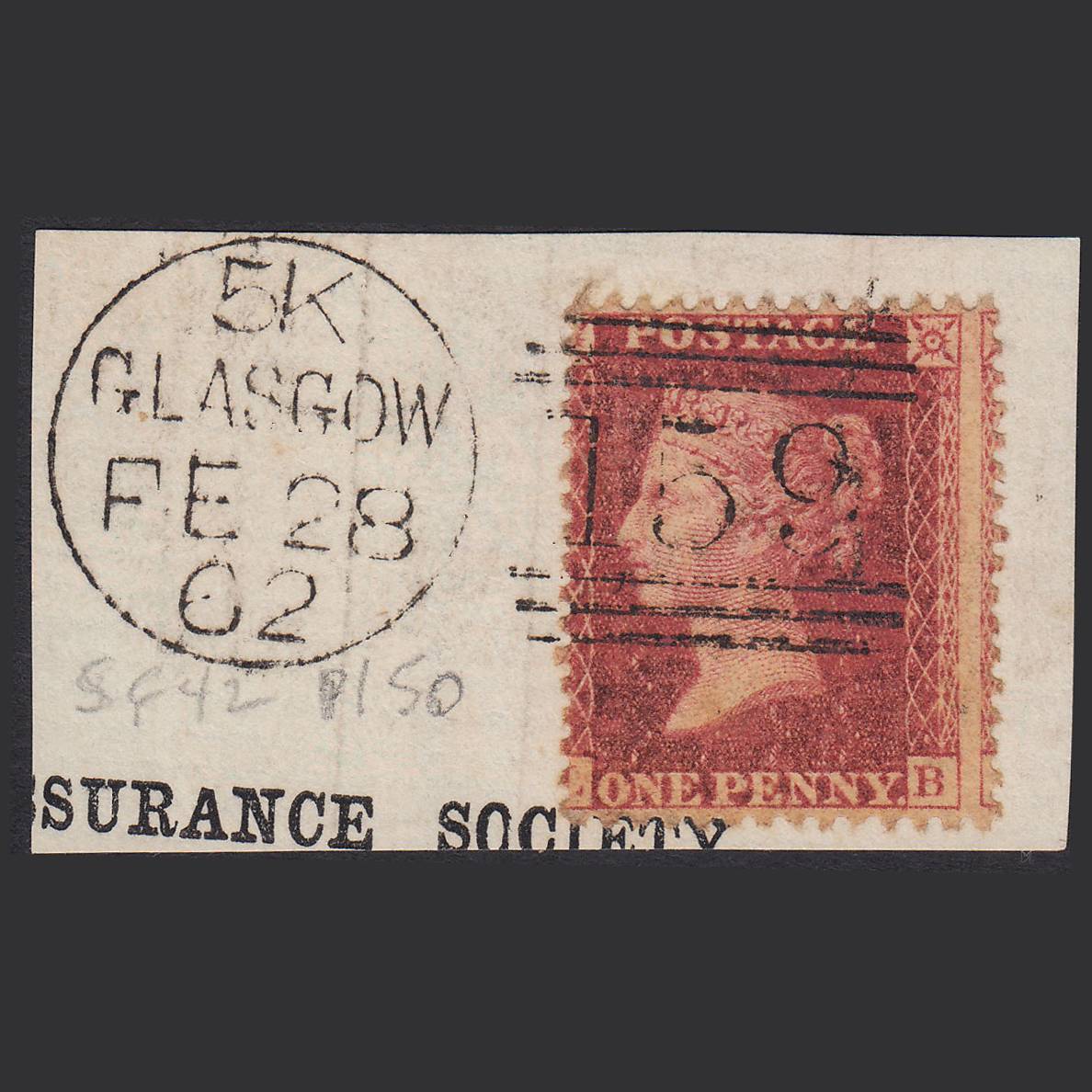 GB QV 1863 1d Rose-red (Plate 50) SG42-C12(1) LB GU Glasgow 159 Barrel on Piece