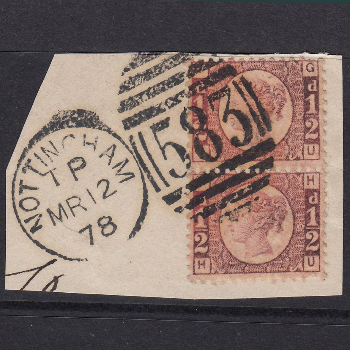 GB QV 1870 1/2d Plate 10 SG48-G4 GU-HU FU Pair Nottingham 583 On Piece