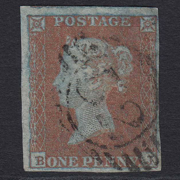 GB QV 1841 1d V Blued (Plate 108) (SG8A) 'BJ' GU 4 Margins London D&S 52