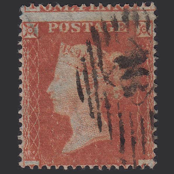 GB QV 1854 1d Orange-red SG17-C1(5) J? GU London IS Cancel Misperf