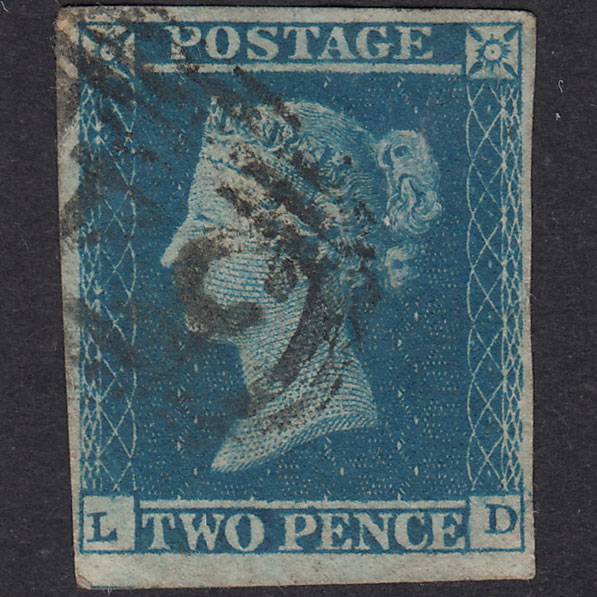 GB QV 1841 2d Pale Blue Plate 4 SG13-E1(1) LD GU 4 Margins