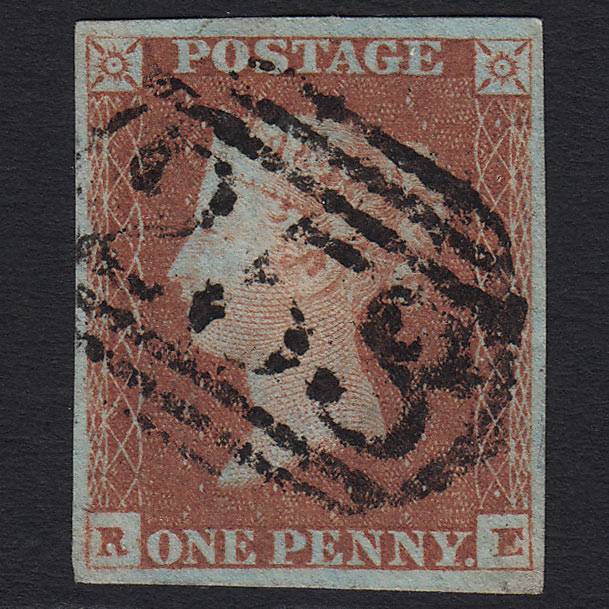 GB QV 1841 1d Red-brown (Plate 80) (SG8) 'RE' FU Dewsbury (253) 4 Margins