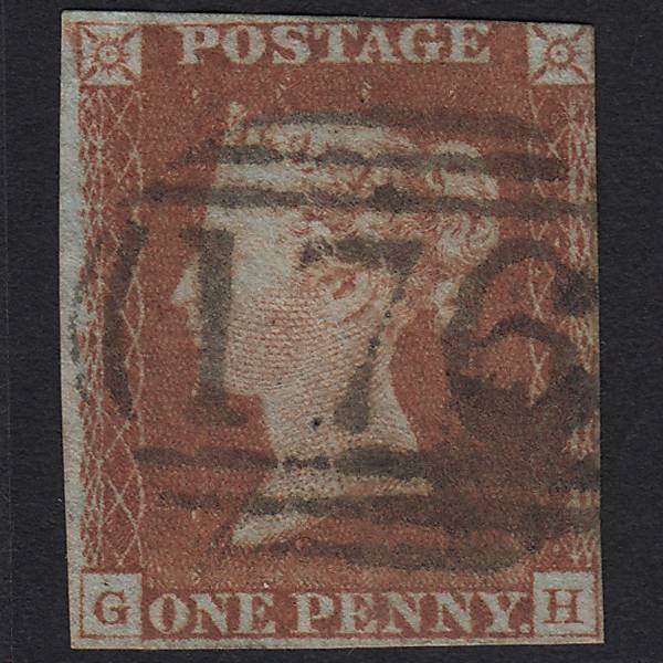 GB QV 1841 1d Red-brown (Plate 63) SG8-B1(1) GH GU Chelmsford 176