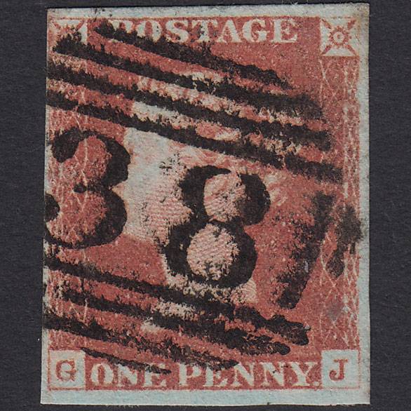 GB QV 1841 1d Red-brown (Plate 74) SG8-B1(1) GJ FU 4 Margins Aylesbury 38