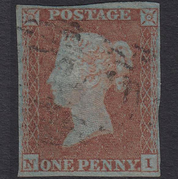 GB QV 1841 1d Very Blued Pl 98 SG8a-B1(2) NI FU 4 Margins Light Cancel