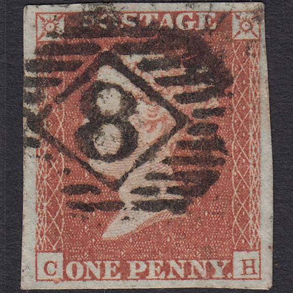GB QV 1841 1d Red-brown (Plate 93) SG8-B1(1) CH FU 4 Margins London IS 8
