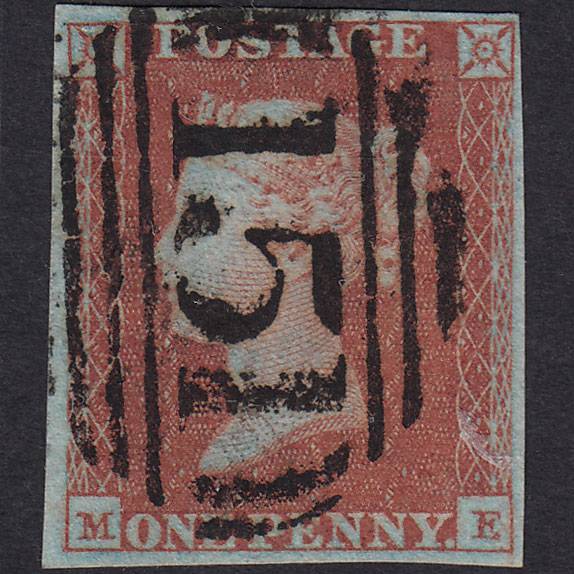 GB QV 1841 1d Very Blued Pl 105 SG8a-B1(2) ME VFU 4 Margins Colne 151