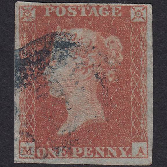 GB QV 1841 1d Red-Brown Plate 119 SG8-B1(1) MA GU 4 Margins Blue Cancel