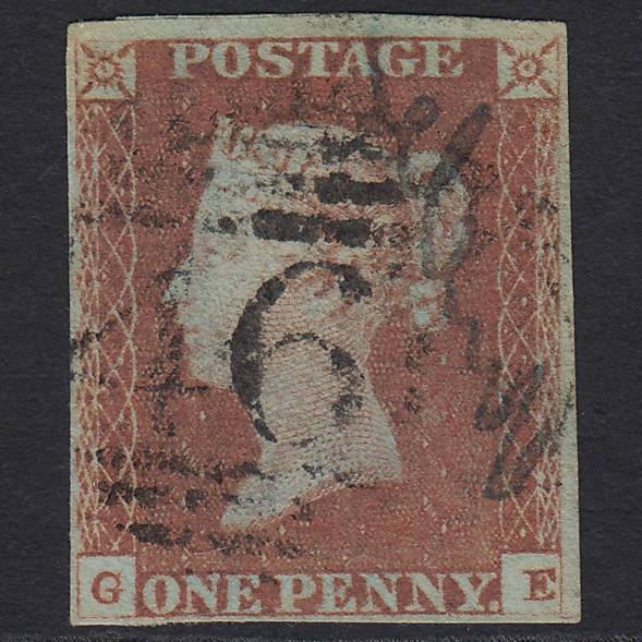 GB QV 1841 1d Red-brown (Plate 85) SG8-B1(1) GE GU 4 Margins Pen Cancel