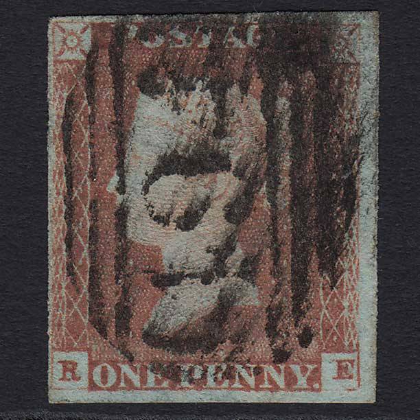 GB QV 1841 1d Red-brown (Plate 78) (SG8) 'RE' GU Maldon (494) 4 Margins