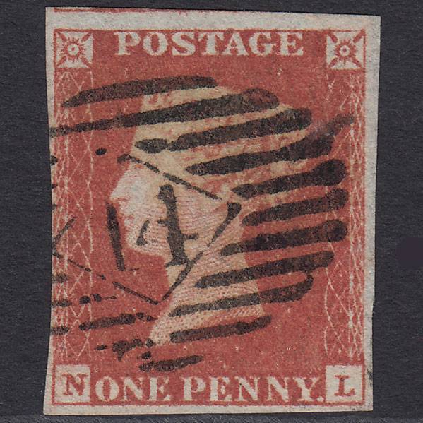 GB QV 1841 1d Red-brown Pl 87 SG8-B1(1) NL FU nr 4 Margins London IS 14