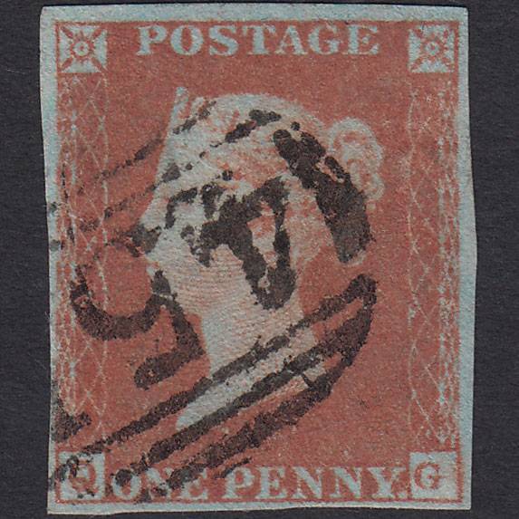 GB QV 1841 1d Very Blued (Plate 96) SG8a-B1(2) QG FU 4 Margins Lewes 451
