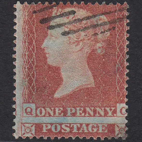 GB QV 1854 1d Red-Brown Pl 155 SG17-C1(1) QC VFU Light Cancel Huge Misperf