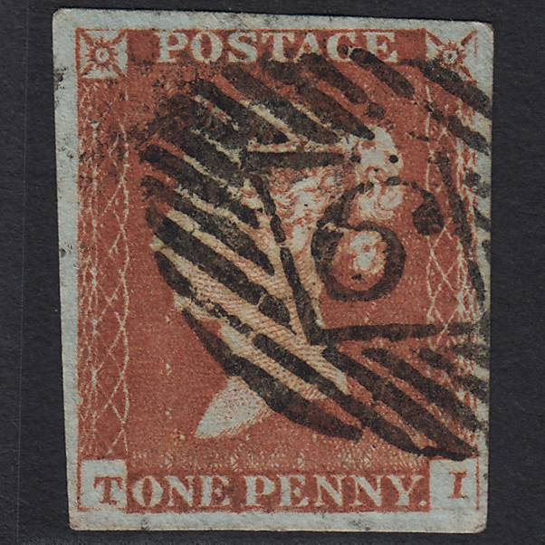 GB QV 1841 1d Red-brown Pl 58 SG8-B1(1) TI GU 4 Margins London IS Cancel