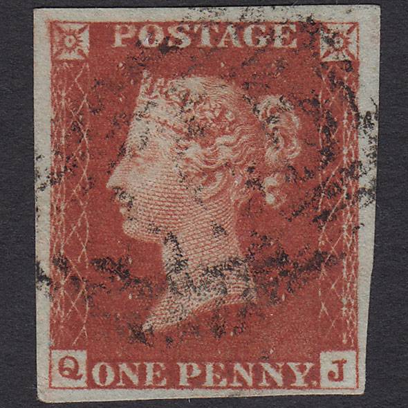 GB QV 1841 1d Deep Red-brown (Plate 53) SG10-B1(4) QJ FU 4 Margins