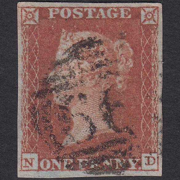 GB QV 1841 1d Red-brown (Plate 127) SG8-B2(1) ND FU 4 Margins