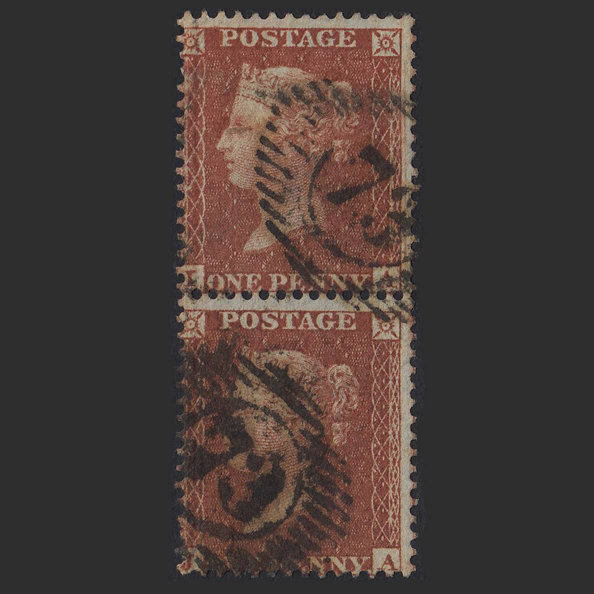GB QV 1855 1d Red-brown (Plate 7) SGC6(1) IA-JA FU Pair London D&S 73 Misperf