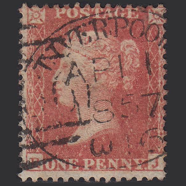 GB QV 1857 1d Pale Red Transitional (Plate 43) SGC9(3) RJ FU Liverpool 466 Spoon