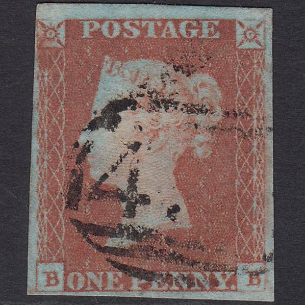 GB QV 1841 1d Very Blued (Plate 82) SG8a-B1(2) BB FU 4 Margins