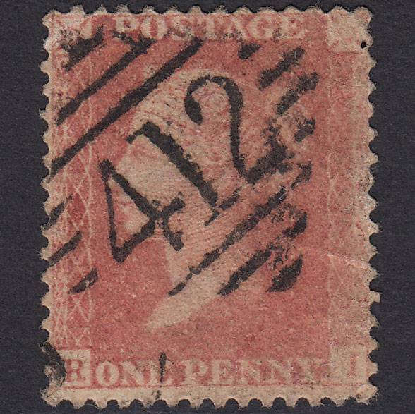 GB QV 1857 1d Pale Rose (Plate 48) SG39-C10(3) RI GU Strabane 412
