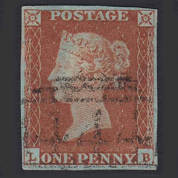 GB QV 1841 1d Red-brown Pl 54 (SG8) 'LB' FU Leamington (444) 4 Margins