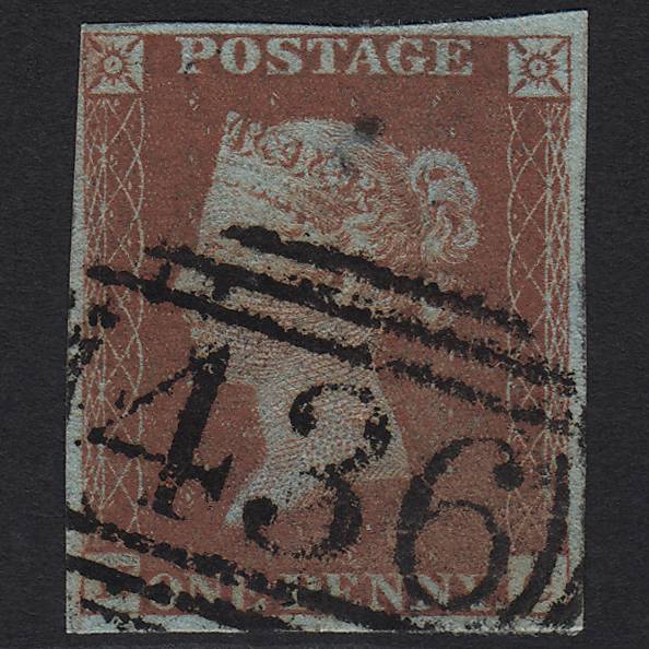 GB QV 1841 1d Red-brown Pl 53 SG8-B1(1) NC FU Lancaster 436 4M Imperf