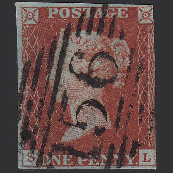 GB QV 1841 1d Deep Red-brown Pl 43 SG10-B1(4) SL GU 3 Margins Cork 156