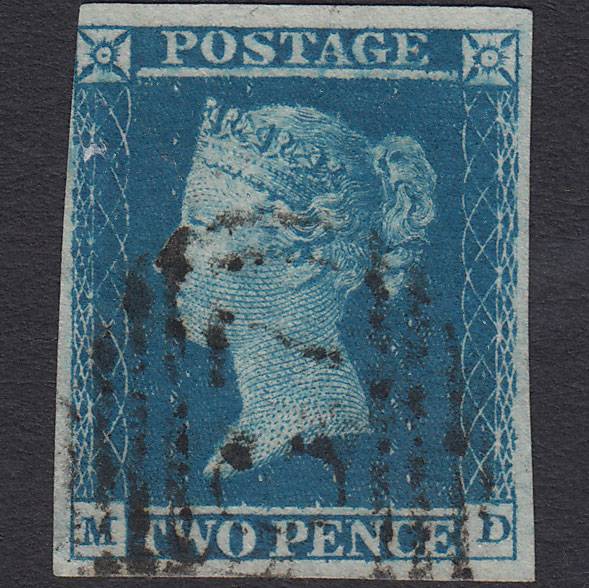 GB QV 1841 2d Blue (Plate 4) SG14-E1(2) MD FU nr 4 Margins