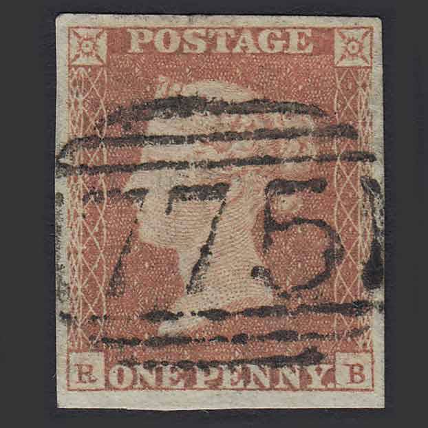 GB QV 1841 1d Red-brown Pl 88 (SG8) 'RB' FU Tarporley (775) 4 Margins