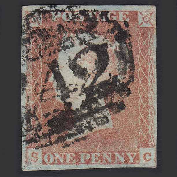 GB QV 1841 1d Pale Red-brown Pl 82 (SG9) 'SC' GU Derby (242) 4 Margins