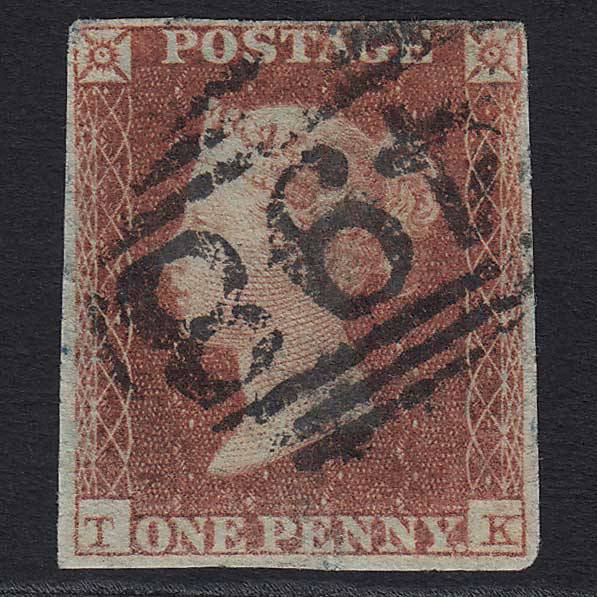 GB QV 1841 1d Red-brown Pl 104 (SG8) 'TK' GU Manchester (498) 4 Margins