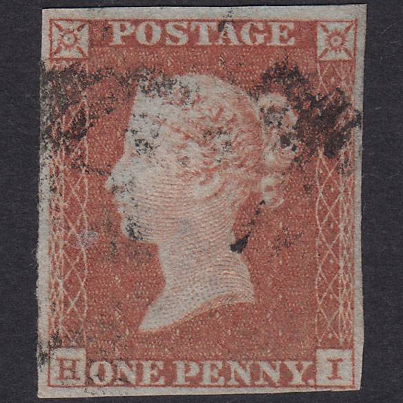 GB QV 1841 1d Red-Brown Plate 123 SG8-B1(1) HI FU 4 Margins Light Cancel