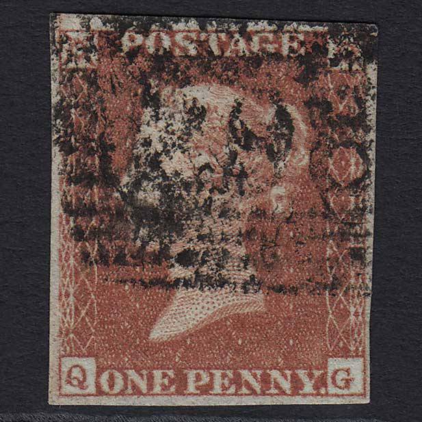 GB QV 1841 1d Red-brown Pl 102 (SG8) 'QG' GU Rothesay (298) 4 Margins
