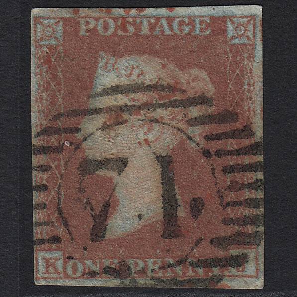 GB QV 1841 1d Red-brown SG8-B1(1) KJ GU 4M Partial Red Cancellation