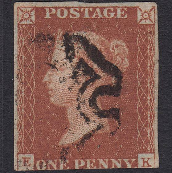 GB QV 1841 1d Red-brown Pl 27 SG8-B1(1) EK FU 3 Margins Maltese Cross