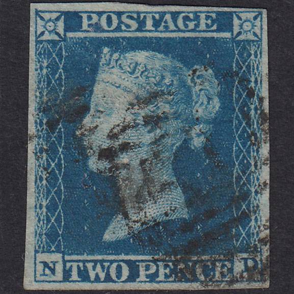 GB QV 1841 2d Blue Plate 4 SG14-E1(2) ND FU 4 Margins