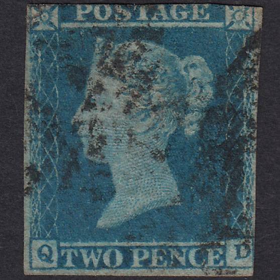 GB QV 1841 2d Blue Plate 4 SG14-E1(2) QD GU Small Cut