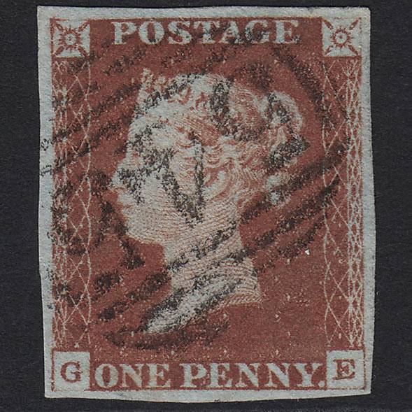 GB QV 1841 1d Red-brown Pl 62 SG8-B1(1) GE FU Newcastle 545 4 Margins