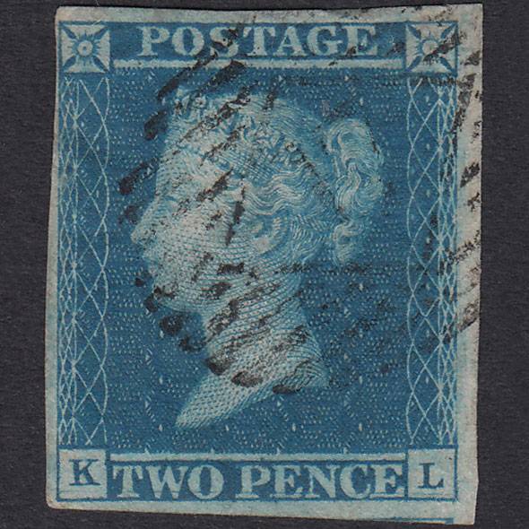 GB QV 1841 2d Blue Pl 3 SG14-E1(2) Guideline KL FU 4 Margins London IS 17