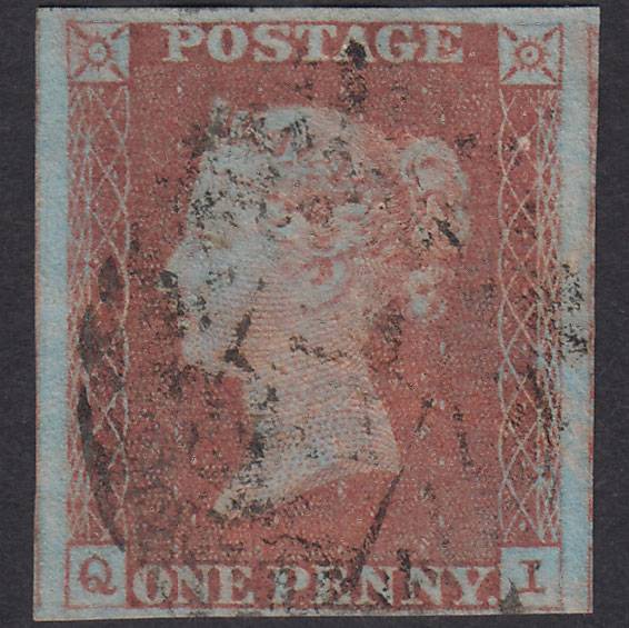 GB QV 1841 1d Very Blued Plate 73 SG8A-B1(2) QI FU 4 Margins Light Cancel