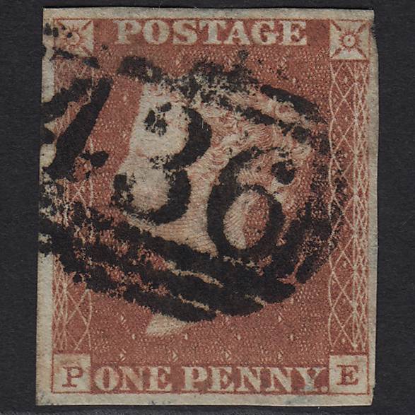GB QV 1841 1d Red-brown Pl 70 SG8-B1(1) PE GU Lancaster 436 nr 4 Margins