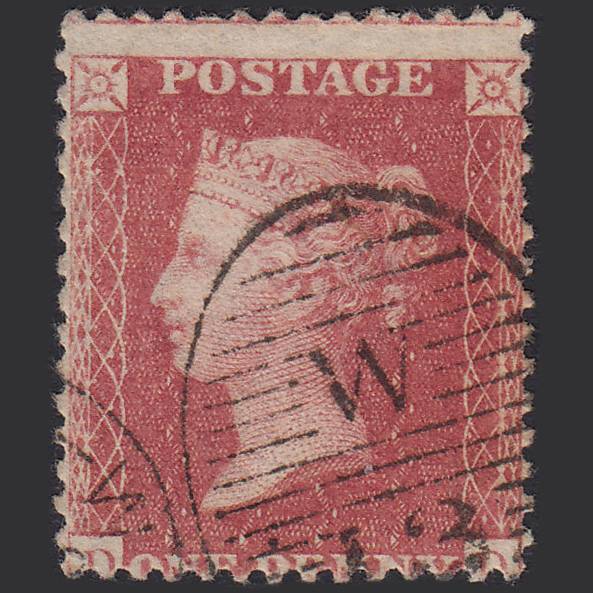 GB QV 1857 1d Rose-red Pl 52 SG40-C10(1) DD FU London D&S W13 Misperf